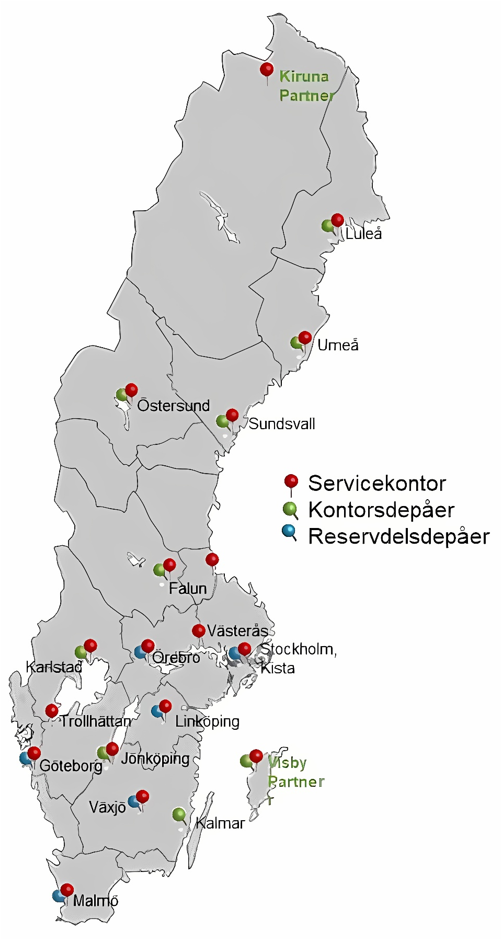 TMS platser i Sverige, platser där service tekniker är på svenska kartan