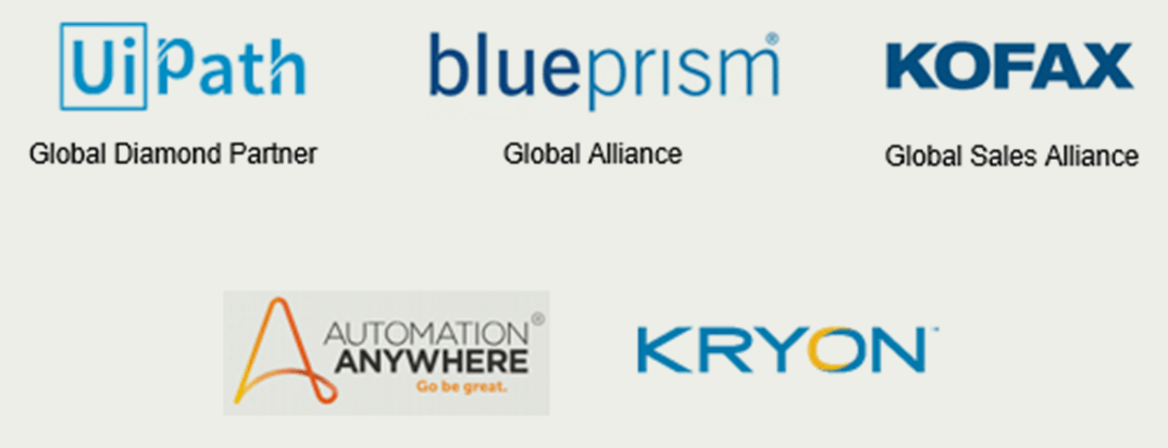 Partner logos UiPath Global Diamond Partner; blueprism Global Alliance; KOFAX Global Sales Alliance; Automation Anywhere; Kryon.