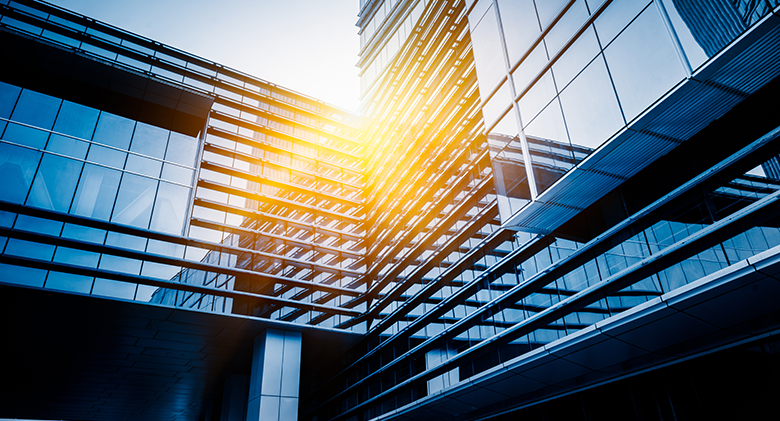 Photo of modern glass buildings in a city