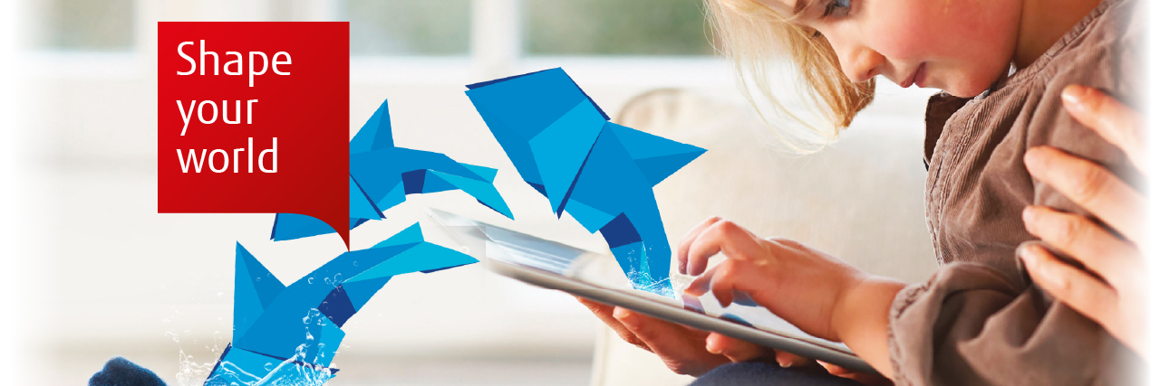 Shape your world - child using tablet with origami dolphins