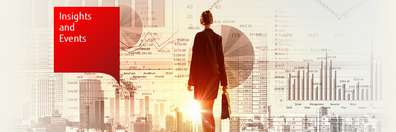 Insights and events: a photo of a woman with a briefcase, overlaid with graphs and statistics. 